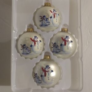 Box of 4 Vintage Snowmen/Winter Glitter Scene, Sleighing Christmas Ornam…